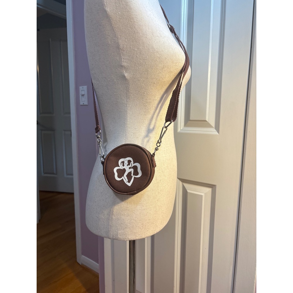 Girl Scouts Brown Round Crossbody Coin Purse Trefoil Logo Small Accessory Bag